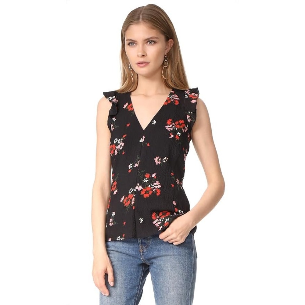 Rebecca Taylor Black Floral Silk Blend Ruffle V-Neck Sleeveless Blouse Size 2